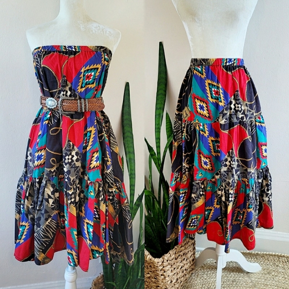 VTG Handmade Tribal Print A-line Midi Skirt